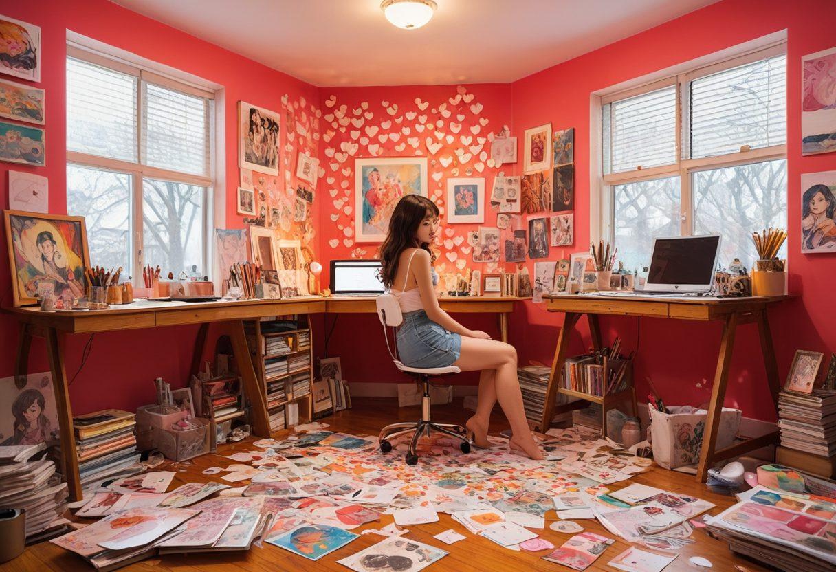 A whimsical scene showcasing a cozy, inviting art studio filled with vibrant erotic art and playful hentai manga covers. In the foreground, a person is joyfully creating their own colorful artwork, surrounded by a variety of art supplies and stacks of manga. The background features a wall of mixed media pieces, blending fantasy and creativity, with warm lighting accentuating the joyful atmosphere. Include whimsical elements like floating hearts and dollar signs to symbolize the journey from debt to delight. super-realistic. vibrant colors. cozy atmosphere.