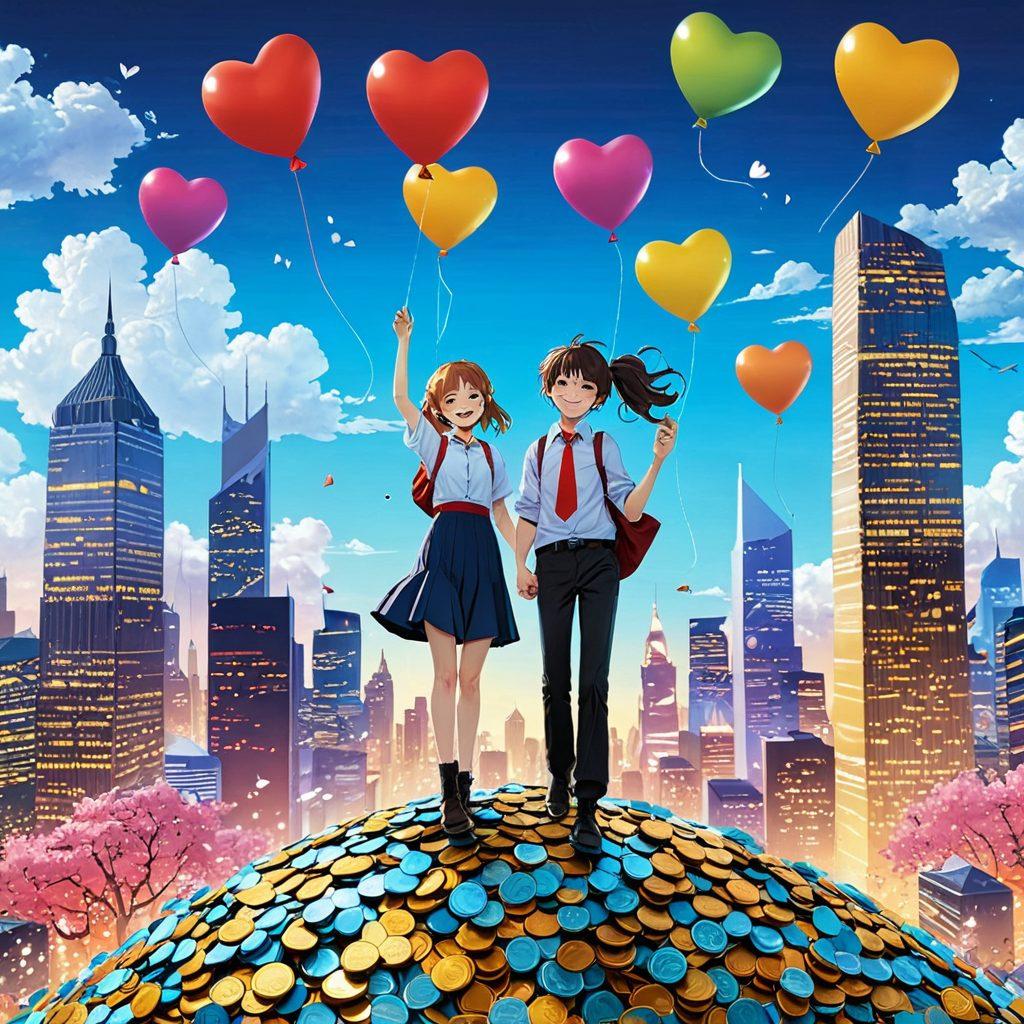 A whimsical scene depicting a joyful adult anime character surrounded by stacks of coins and paperwork, symbolizing the balance between passion and financial management. The character holds a colorful anime-themed item in one hand and a calculator in the other, with a serene background of a vibrant city skyline. Infuse playful elements like floating heart-shaped balloons and a dreamy atmosphere to evoke enthusiasm and hope. cartoon style. vibrant colors. 3D effect.